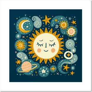 Serenity in the Cosmos - Sun and Stars Celestial Illustration Dark Posters and Art